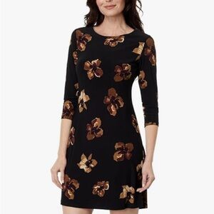 Tommy Hilfiger Black & Brown Floral 3/4 Sleeve Jersey Shift Dress Women’s Sz 16